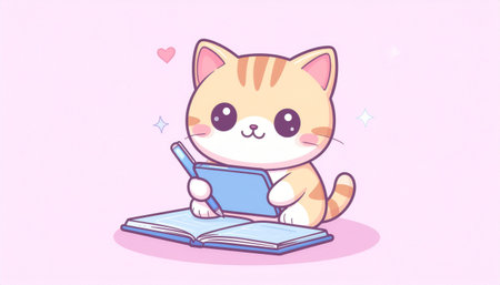 Cute cat reading a book on pink background. Vector illustration.のイラスト素材