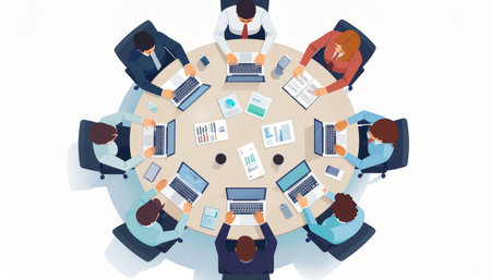 Business people sitting around table and working together, top view. Vector illustration.のイラスト素材