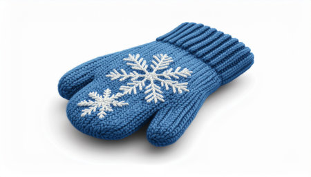 A cozy blue knitted mitten with delicate snowflake embroidery, perfect for winter warmth and festive...