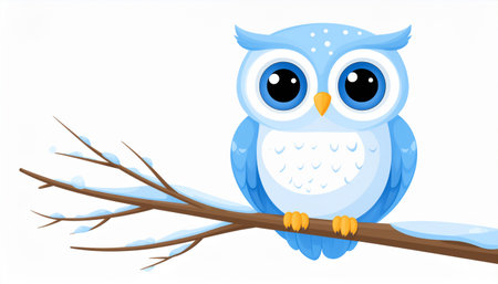 A charming illustration of a blue owl with big eyes sitting on a snow-covered branch, perfect for winter-themed projects.のイラスト素材