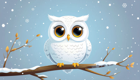 A charming white owl with big, expressive eyes sits peacefully on a snow-covered tree branch, surrounded by gently falling snowflakes in a serene winter scene.のイラスト素材