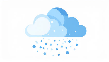 Simple flat vector illustration of a blue and white cloud with snow or hail falling. Isolated on a white background, this graphic represents winter weather and cold forecasts.のイラスト素材