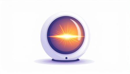 A sleek modern white orb containing a bright glowing sunrise effect, representing a futuristic energy core isolated on a white background.のイラスト素材