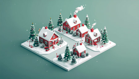 A delightful isometric view of a winter village with snow-covered houses, Christmas trees, and a cozy, festive atmosphere.のイラスト素材