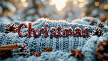 Festive Christmas decorations, including pine cones, cinnamon sticks, and star anise, are arranged on a soft, knitted background with the word 'Christmas' in the center.のイラスト素材