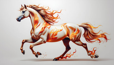 A powerful white horse with a mane and tail of fire, depicted in a dynamic gallop against a neutral background.のイラスト素材