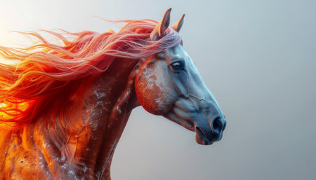 A powerful horse with a flowing, fiery mane captured in a dynamic pose, symbolizing freedom and strength against a soft, blurred background.のイラスト素材