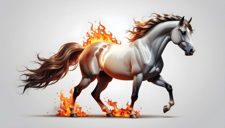 A powerful white horse in motion, its mane and hooves engulfed in vibrant flames, symbolizing speed, passion, and untamed spirit.のイラスト素材
