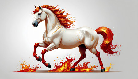 A powerful white horse with a fiery mane and tail charges forward through a bed of flames, symbolizing strength and passion.のイラスト素材