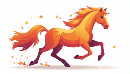 A vibrant illustration of a horse with a fiery mane and tail, running dynamically with autumn leaves scattering around it. The horse is depicted in a warm, orange and yellow color palette, conveying energy and movement.のイラスト素材