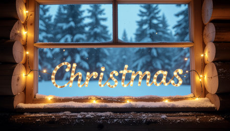 A warm Christmas window view with the word Christmas spelled out in lights, overlooking a snowy forest scene.のイラスト素材