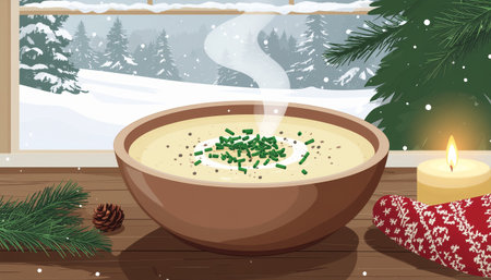 A warm bowl of soup sits on a wooden table, with a snowy winter scene visible through the window, creating a cozy and inviting atmosphere.のイラスト素材
