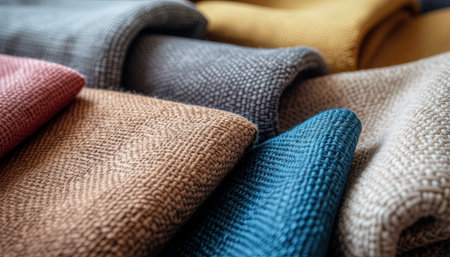 A detailed close-up showcases a variety of colorful fabric swatches, each displaying a unique textured weave and pattern. The image highlights the tactile quality and visual appeal of textiles.のイラスト素材