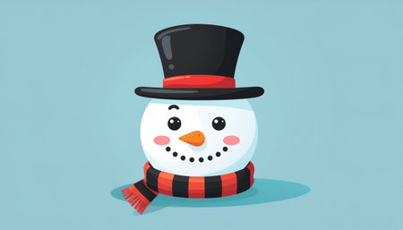 A charming and friendly snowman head, adorned with a black top hat and a red and black striped scarf, set against a soft blue background, perfect for winter and holiday themes.のイラスト素材