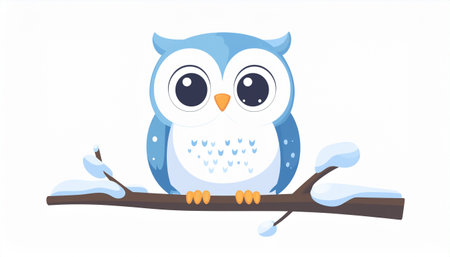An adorable blue owl with big eyes sits peacefully on a snow-covered tree branch, embodying the charm of winter wildlife.のイラスト素材