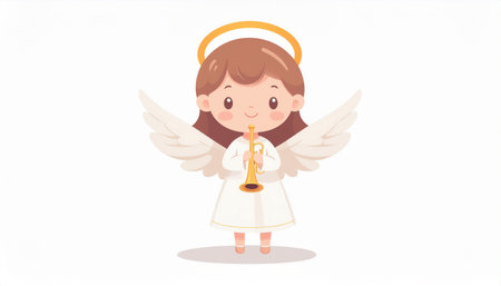 A charming illustration of a little girl angel with brown hair, white wings, a golden halo, and holding a trumpet, isolated on a white background.のイラスト素材