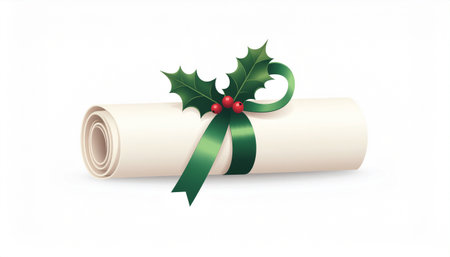 A beautifully rolled scroll tied with a green ribbon and adorned with holly berries, perfect for holiday greetings and festive announcements.のイラスト素材