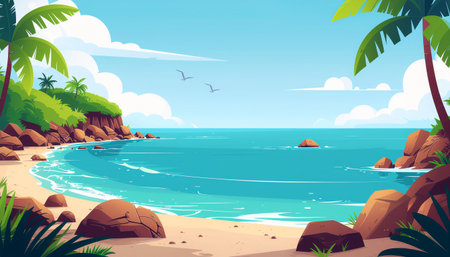 A vibrant illustration of a tropical beach with turquoise water, palm trees, and rocky cliffs, perfect for travel and vacation themes.のイラスト素材