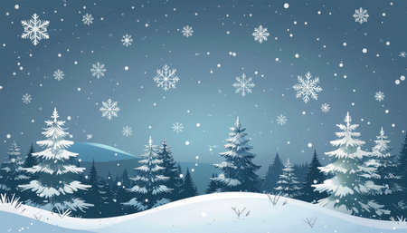 A serene winter scene featuring snow-covered evergreen trees and gently falling snowflakes, creating a peaceful and festive atmosphere.のイラスト素材