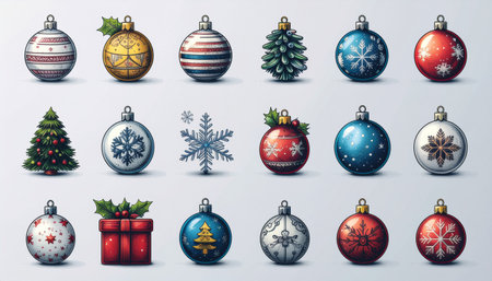 A vibrant assortment of Christmas ornaments, including baubles, snowflakes, and miniature trees, perfect for holiday decor and festive designs.のイラスト素材