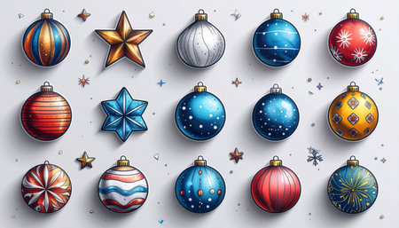 A festive assortment of colorful Christmas tree decorations, including various patterned baubles and star shapes, artfully arranged on a clean white surface, evoking holiday cheer.のイラスト素材