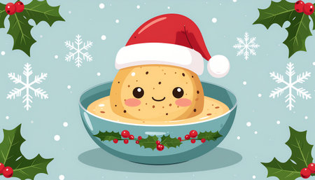 A cute Christmas pudding character wearing a Santa hat sits in a bowl, surrounded by festive decorations.のイラスト素材