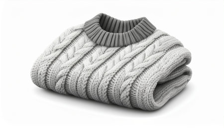 A classic gray cable knit sweater, neatly folded and isolated on a clean white background. The image...