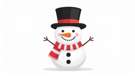 Charming snowman illustration featuring a top hat, red scarf, and carrot nose, perfect for winter holiday themes and seasonal greetings.のイラスト素材