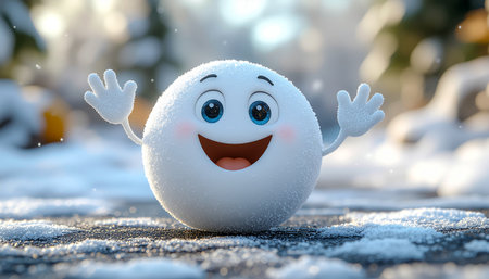 A cute and friendly snowball mascot with a big smile and raised hands stands in a snowy, blurred...