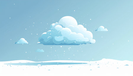 A minimalist vector illustration of a winter landscape. Fluffy clouds float in a light blue sky as snow gently falls onto a white, snowy ground.のイラスト素材