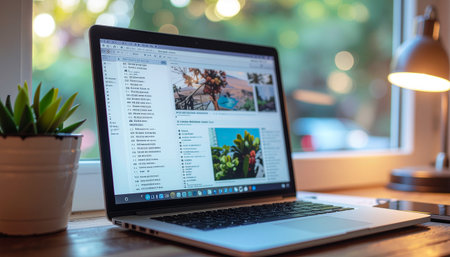 A laptop computer is open on a wooden desk next to a small potted plant and a desk lamp, with a bright, blurred window in the background creating a cozy work environment.のイラスト素材