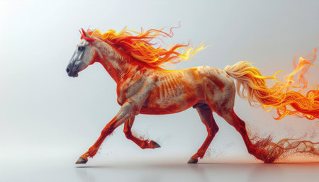 A dynamic image of a horse made of fire, galloping with its mane and tail trailing like flames against a light background.のイラスト素材