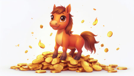 A charming, stylized illustration of a small, friendly horse perched atop a heap of shiny gold coins, with more coins scattered around.のイラスト素材