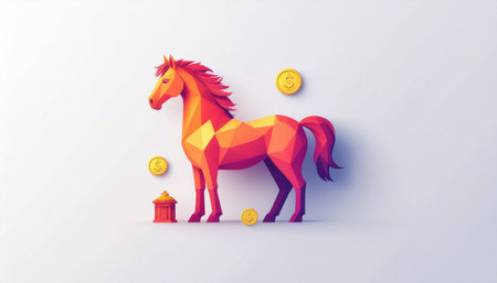 A vibrant, low-poly horse in shades of orange and red, surrounded by golden coins and a small red lantern, set against a clean white background.のイラスト素材