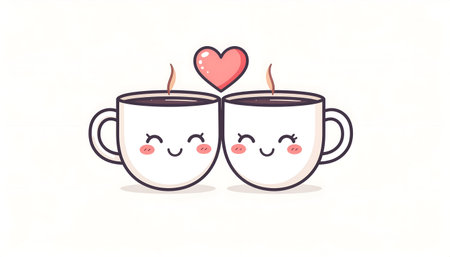 Two smiling coffee cups with a heart above them, symbolizing love and friendship.のイラスト素材