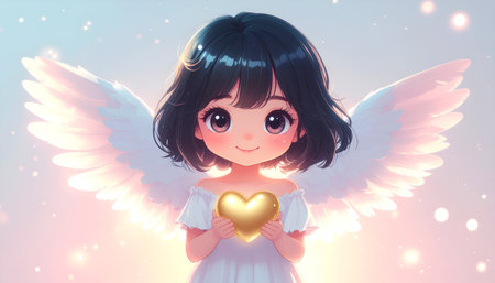 Illustration of a young angel girl with wings holding a heart symbol, conveying love and innocence.のイラスト素材