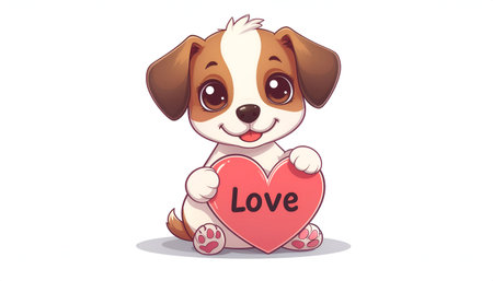 Cute cartoon dog sitting with love heart in paws, isolated on white background.のイラスト素材