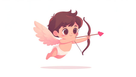 Illustration of a cartoon Cupid flying with a bow and arrow, symbolizing love and Valentines Day.のイラスト素材