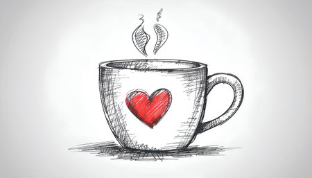 Cup of coffee with heart on a light background. Hand drawn vector illustration.のイラスト素材