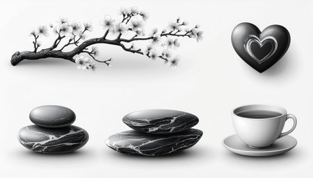 Black and white illustration of coffee macarons, blossoming branch, heart, and coffee cupのイラスト素材