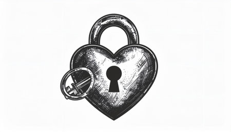 A heart shaped padlock with a key beside it, symbolizing love and security