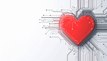 A red heart symbol on a circuit board design, representing technology and love.のイラスト素材