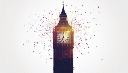 Big Ben clock tower with colorful splashes on white background. Double exposure