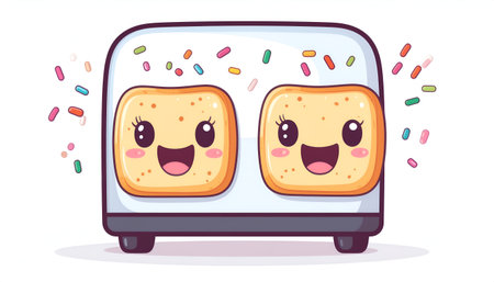 Vector illustration of funny cartoon toast bread character with happy face in the oven.のイラスト素材
