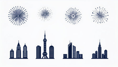 shanghai skyline,modern skyscrapers and fireworks,vectorのイラスト素材