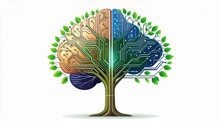 A stylized tree with a trunk and branches resembling a circuit board, symbolizing technology and nature.のイラスト素材