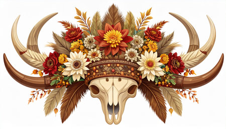 Detailed illustration of a cow skull adorned with a floral crown and large horns against a white background.のイラスト素材