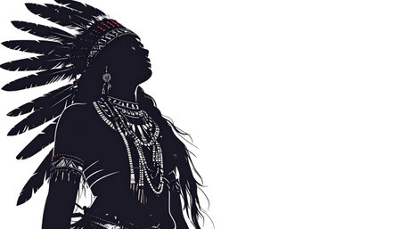 Silhouette of a Native American chief wearing a traditional feathered headdress, representing cultural heritage and identity.のイラスト素材