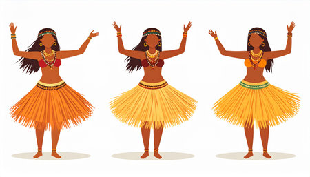 Three hula dancers wearing traditional Hawaiian grass skirts and tops performing a danceのイラスト素材
