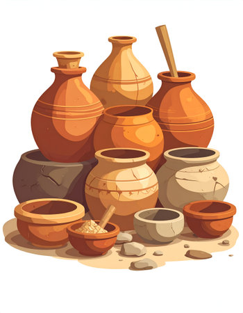Illustration of terracotta pots and jars with a mortar and pestle on a white background.のイラスト素材